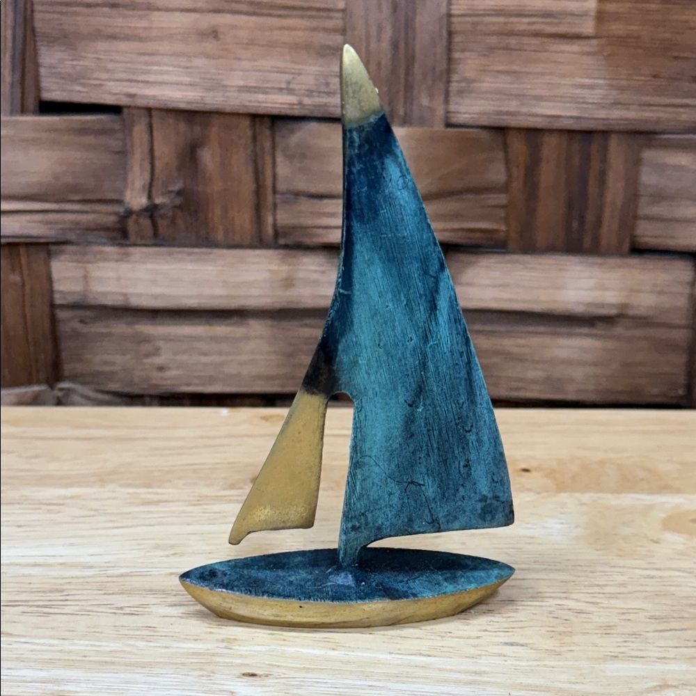 Elegant Brass and Blue Sailboat Sculpture